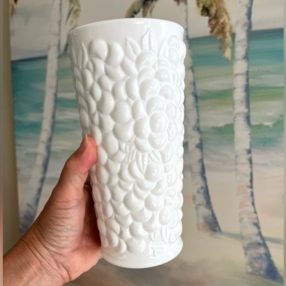 Vintage Textured Fruit Pattern Milk Glass Vase - Picture 2 of 14
